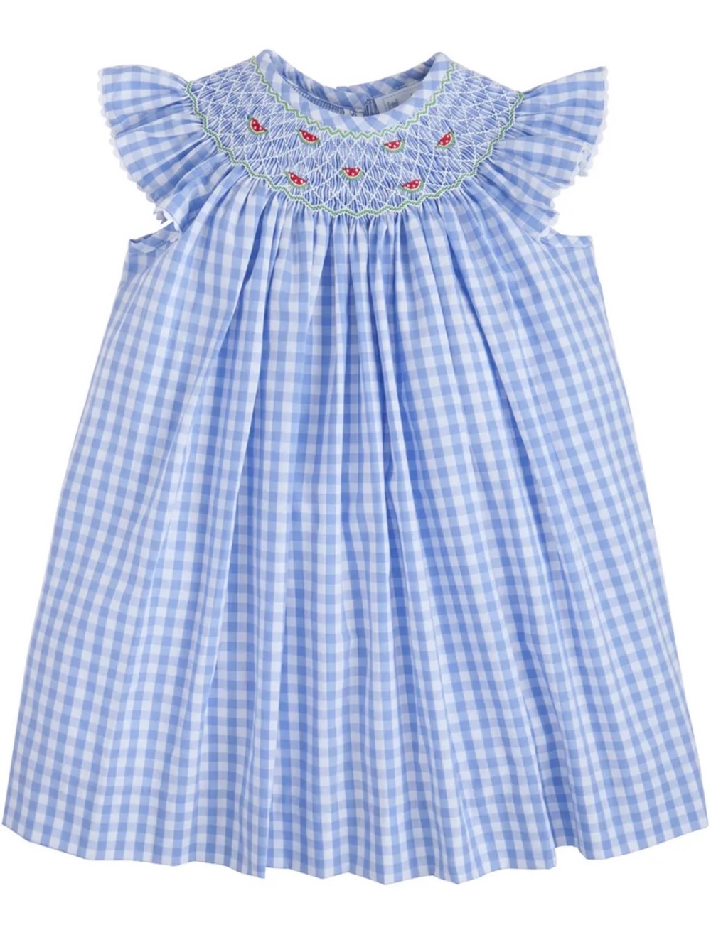 Little English Light Blue Gingham Smocked Flutter Dress